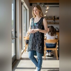 SIMPLE VERA Black Sleeveless Tunic with Abstract Pattern With Sequins SIZE XS